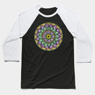 Floral Mandala with Purple Flowers & Green Leaves Baseball T-Shirt